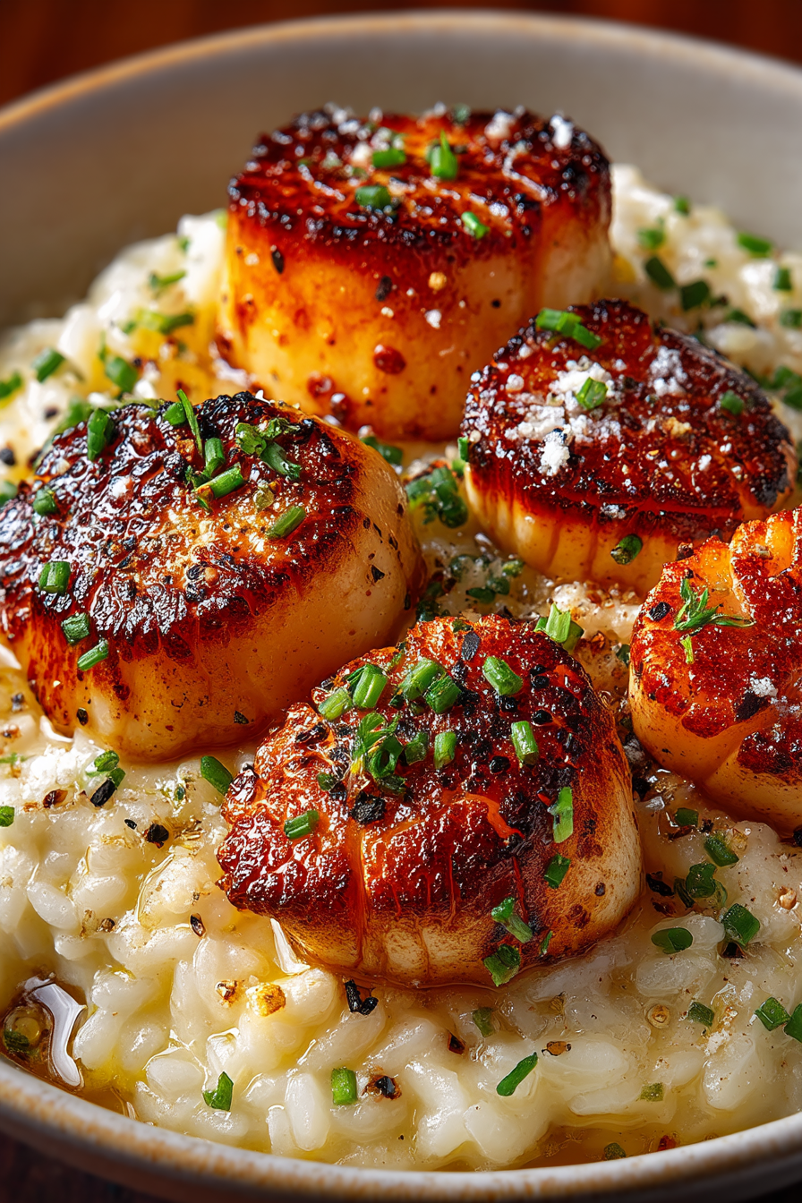 Golden crispy sea scallops served over creamy lemon butter risotto topped with fresh chives, lemon zest, Parmesan, and cracked black pepper in a shallow bowl.