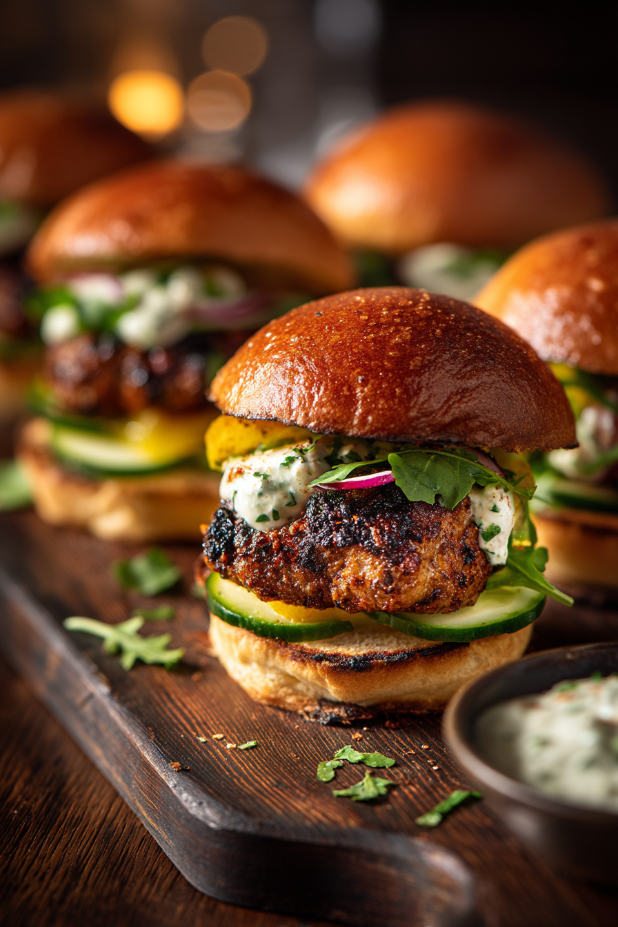 Masala goat sliders on toasted brioche buns with mint yogurt sauce, mango chutney, cucumber, red onion, and cilantro on a rustic wooden board.