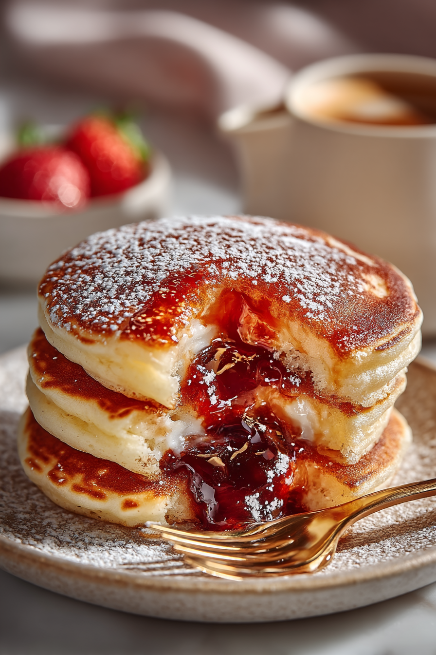 Chewy mochi jam filled pancakes with a gooey strawberry jam center dusted with powdered sugar on a ceramic plate.