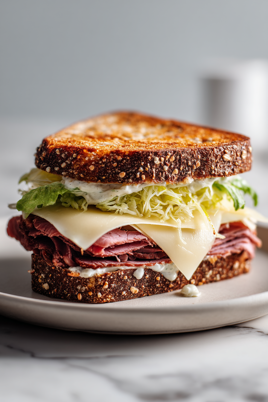Ultimate Pastrami Swiss Rye Sandwich with Dill Mayo
