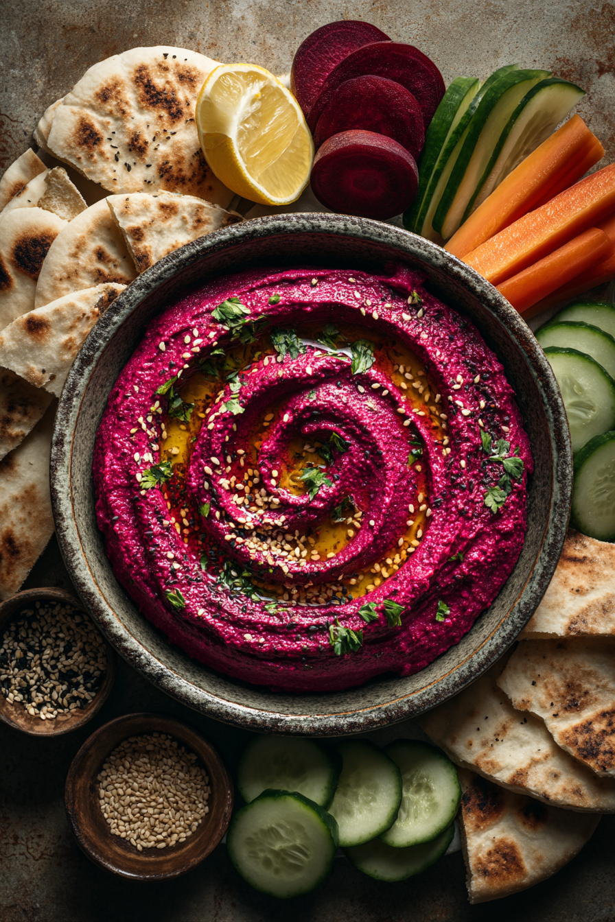 Creamy roasted beetroot hummus in a ceramic bowl garnished with olive oil, parsley, and sesame seeds, surrounded by pita bread, cucumber slices, carrots, radishes, and lemon wedges.