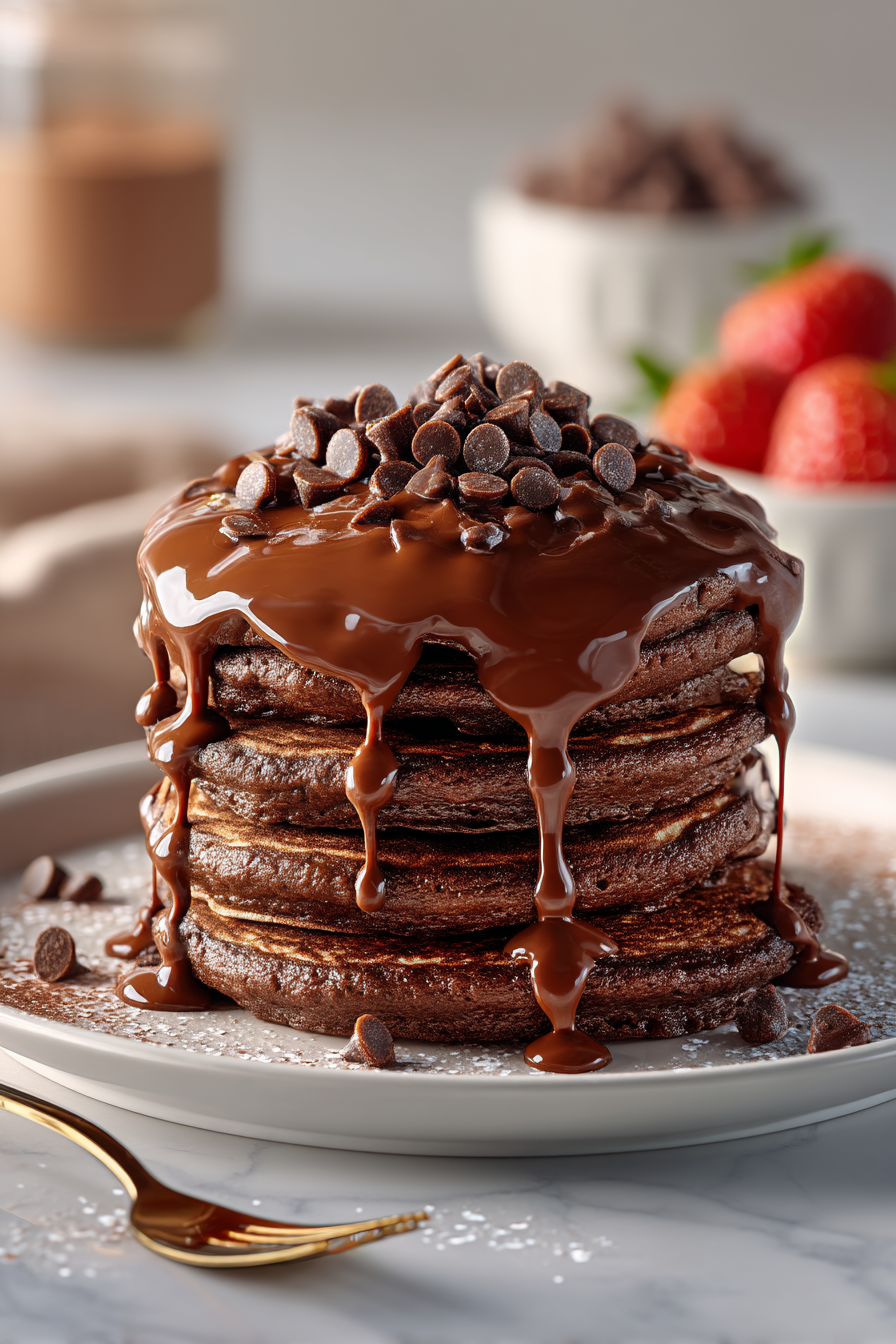 Stack of rich brownie batter pancakes topped with chocolate drizzle and mini chocolate chips on a white plate, photographed in bright natural light.