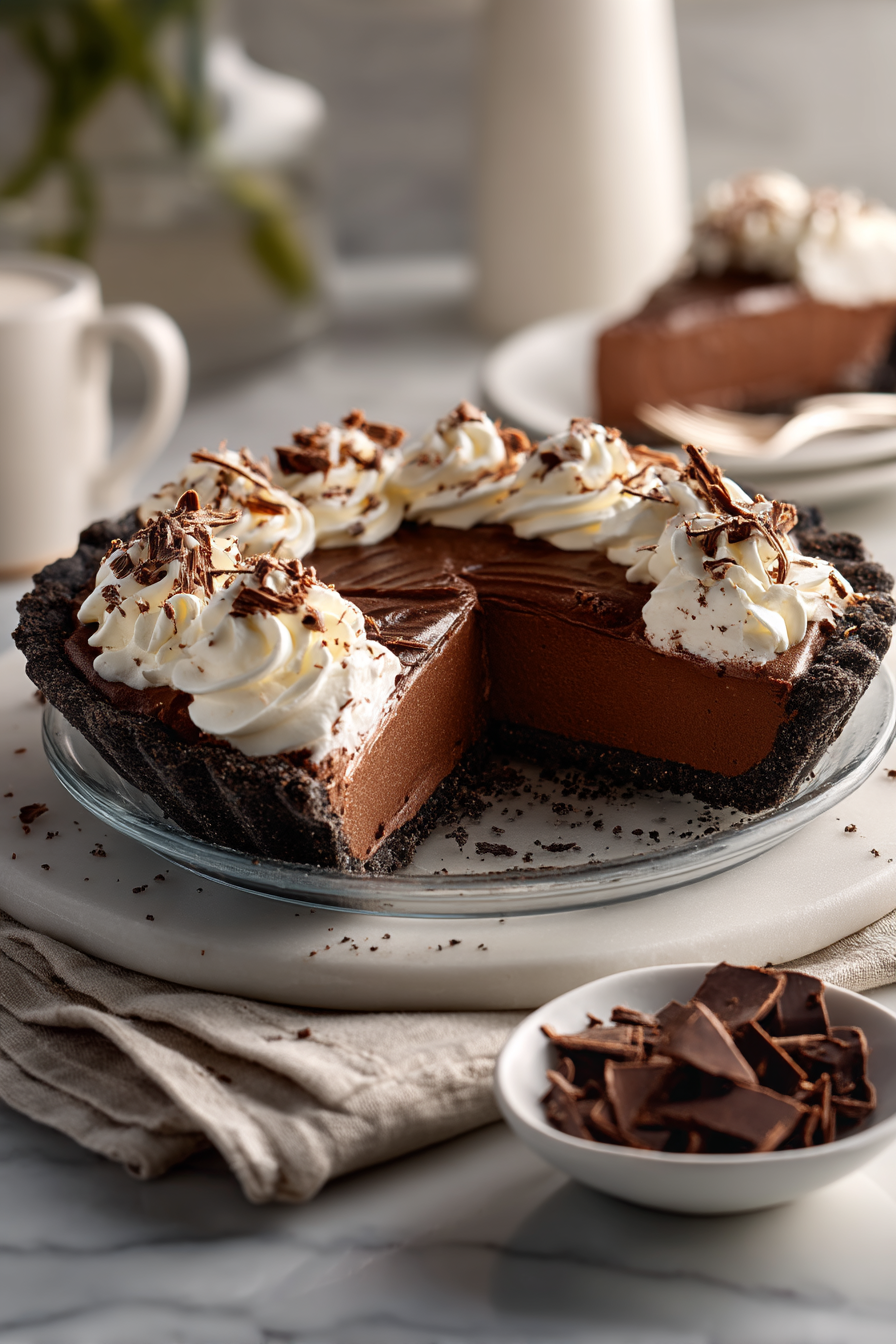 A slice of homemade chocolate pudding pie with an Oreo cookie crust, silky chocolate filling, whipped cream, and chocolate curls on a white plate with the remaining pie in the background.