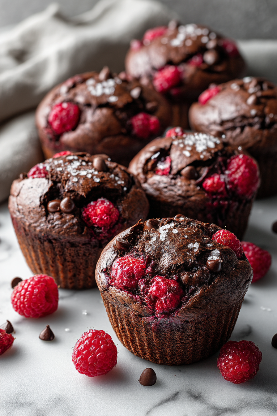 Chocolate raspberry muffins with fresh raspberries, chocolate chips, and bakery-style domed tops on a white marble surface.