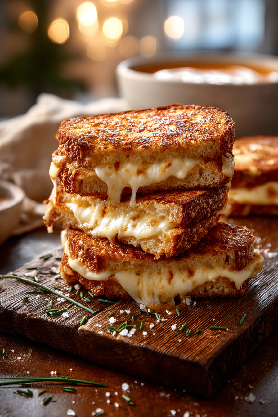 Golden grilled cheese sandwich made with sourdough bread and melted cheddar, Gruyère, and American cheese, served on a rustic wooden board with tomato soup in the background.
