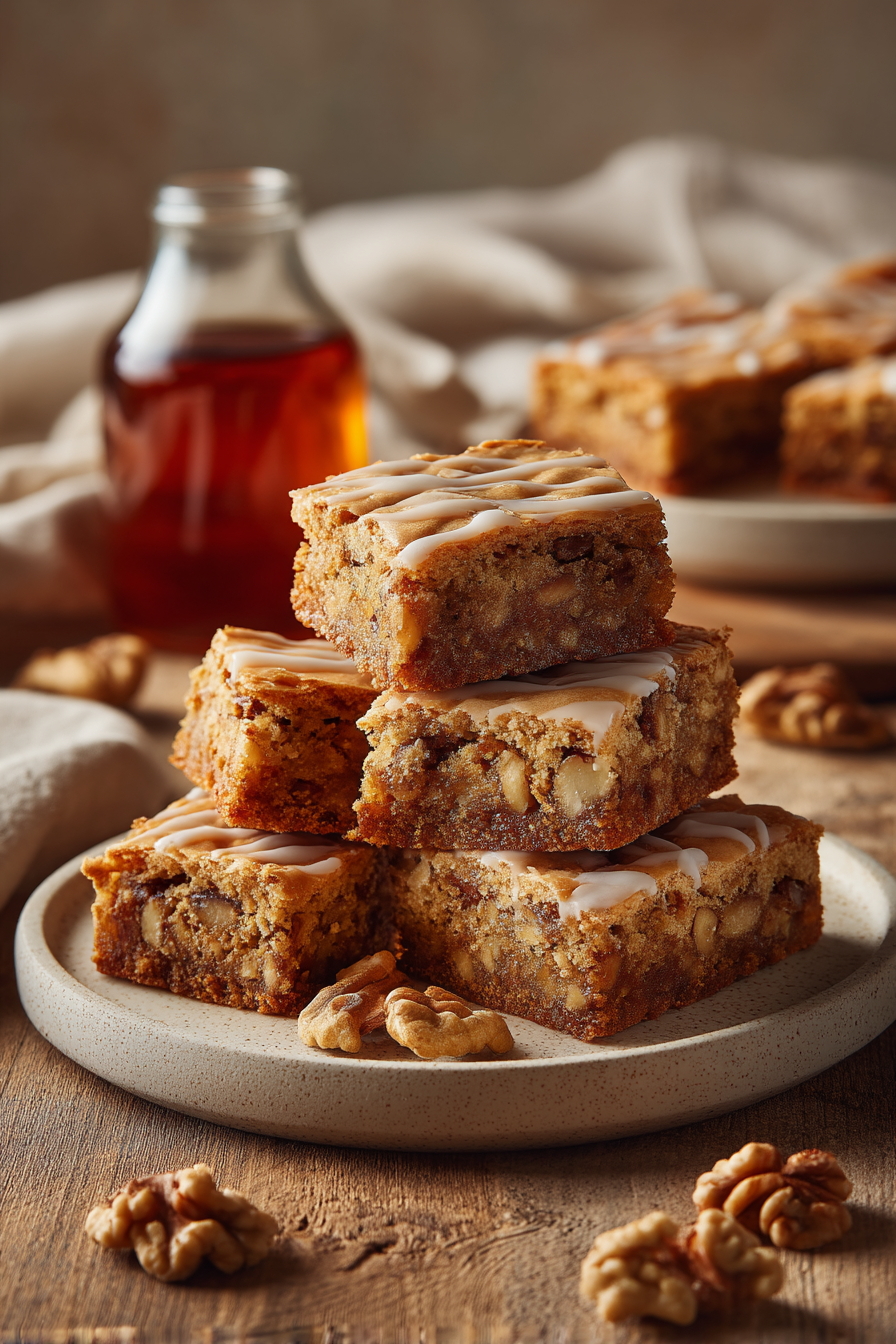 Stack of chewy maple walnut blondies drizzled with maple glaze on a white plate with toasted walnuts and maple syrup in the background.