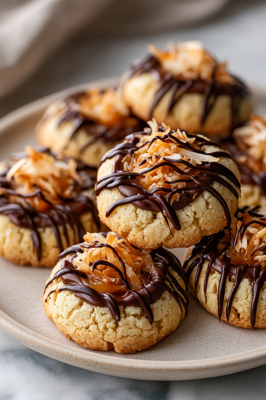 Samoa Thumbprint Cookies (Caramel Coconut Cookies with Chocolate Drizzle)